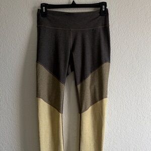 Outdoor Voices Colorblock Leggings in Dark Brown, Olive, and Pale Yellow